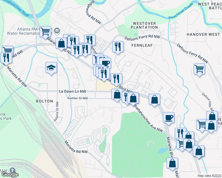 map of restaurants, bars, coffee shops, grocery stores, and more near 1811 La Dawn Lane Northwest in Atlanta