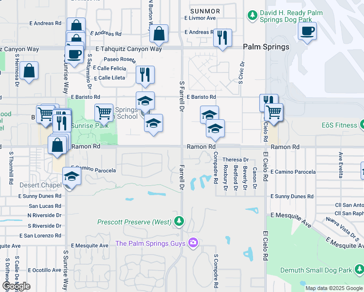 map of restaurants, bars, coffee shops, grocery stores, and more near Ramon Road & Farrell Drive in Palm Springs