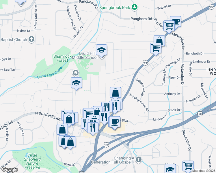 map of restaurants, bars, coffee shops, grocery stores, and more near 3003 Mount Olive Drive in Decatur