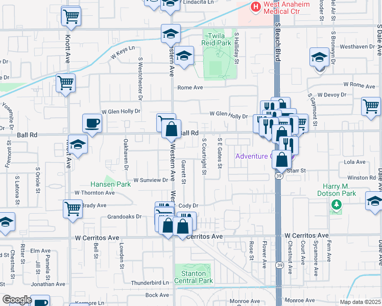 map of restaurants, bars, coffee shops, grocery stores, and more near 3143 West Lanerose Drive in Anaheim
