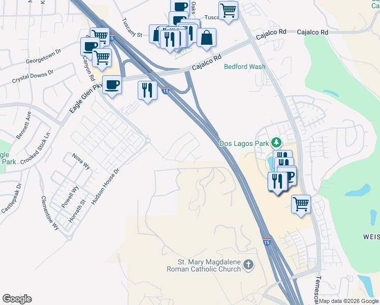 map of restaurants, bars, coffee shops, grocery stores, and more near Leafgreen Road in Corona