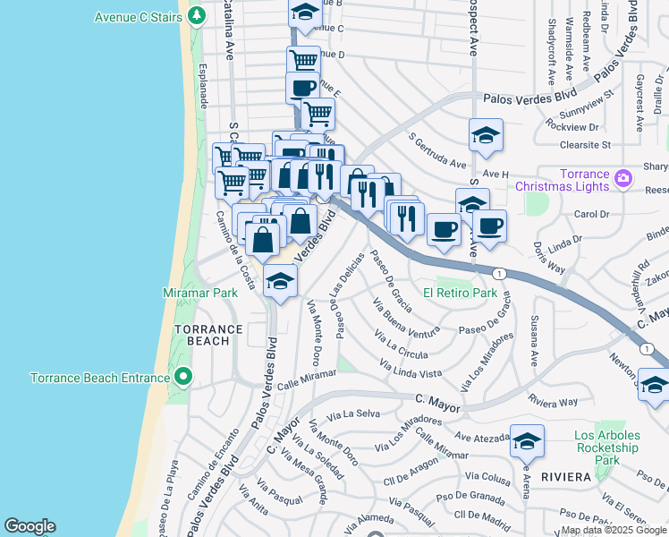 map of restaurants, bars, coffee shops, grocery stores, and more near 156 Camino de las Colinas in Redondo Beach