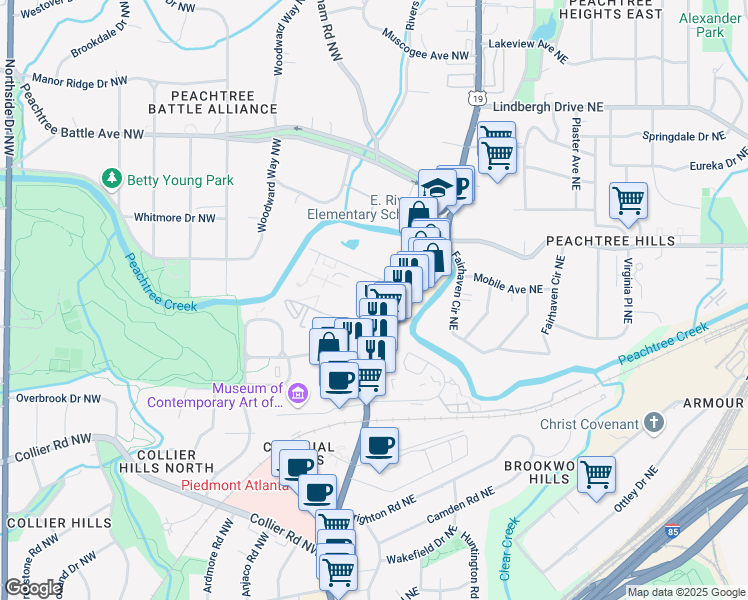 map of restaurants, bars, coffee shops, grocery stores, and more near 2240 Peachtree Road in Atlanta