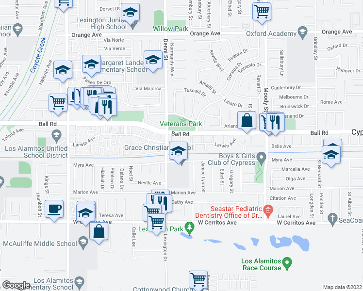 map of restaurants, bars, coffee shops, grocery stores, and more near 4588 Larwin Avenue in Cypress