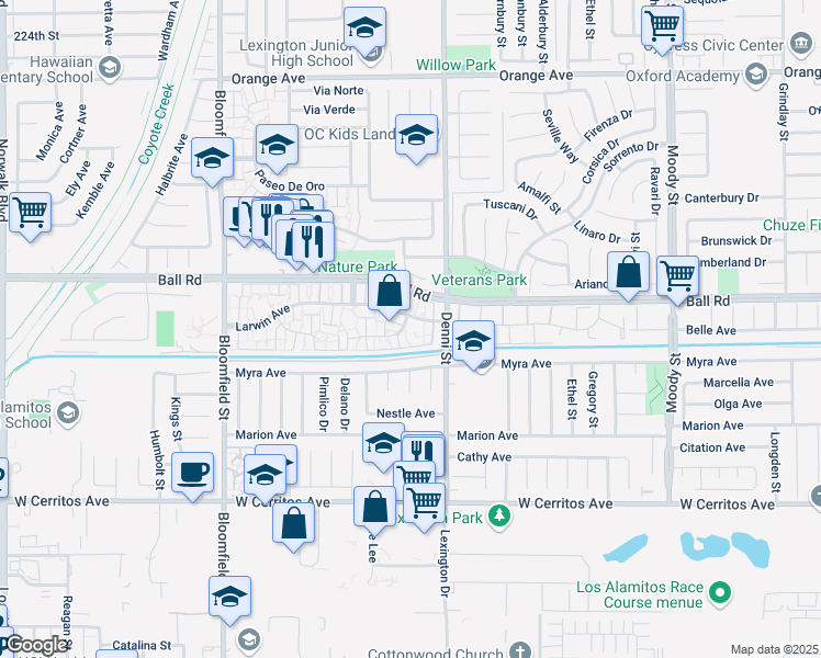 map of restaurants, bars, coffee shops, grocery stores, and more near 4398 Dina Court in Cypress