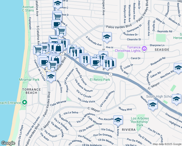 map of restaurants, bars, coffee shops, grocery stores, and more near 6028 Pacific Coast Highway in Redondo Beach