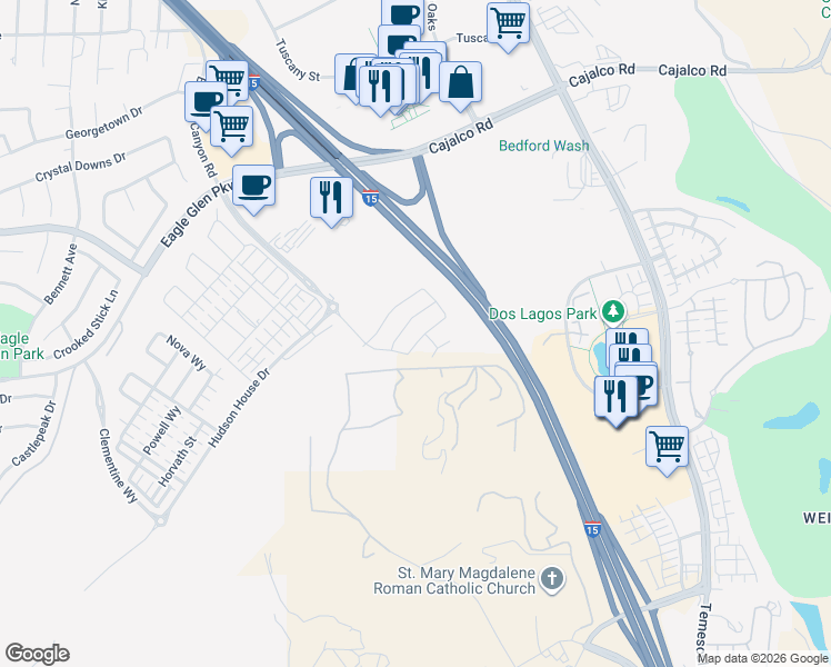 map of restaurants, bars, coffee shops, grocery stores, and more near 3804 Leafgreen Road in Corona