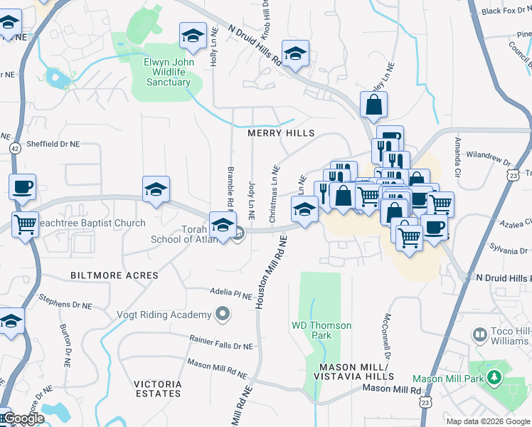 map of restaurants, bars, coffee shops, grocery stores, and more near 1246 Christmas Lane Northeast in Atlanta
