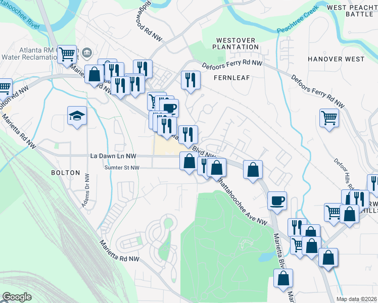 map of restaurants, bars, coffee shops, grocery stores, and more near 2230 Marietta Boulevard Northwest in Atlanta