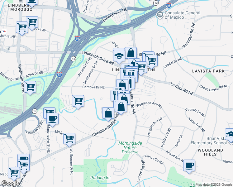 map of restaurants, bars, coffee shops, grocery stores, and more near 2221 Melante Drive Northeast in Atlanta