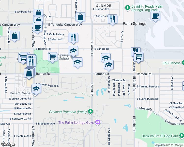 map of restaurants, bars, coffee shops, grocery stores, and more near E Ramon Rd & Farrell Dr in Palm Springs
