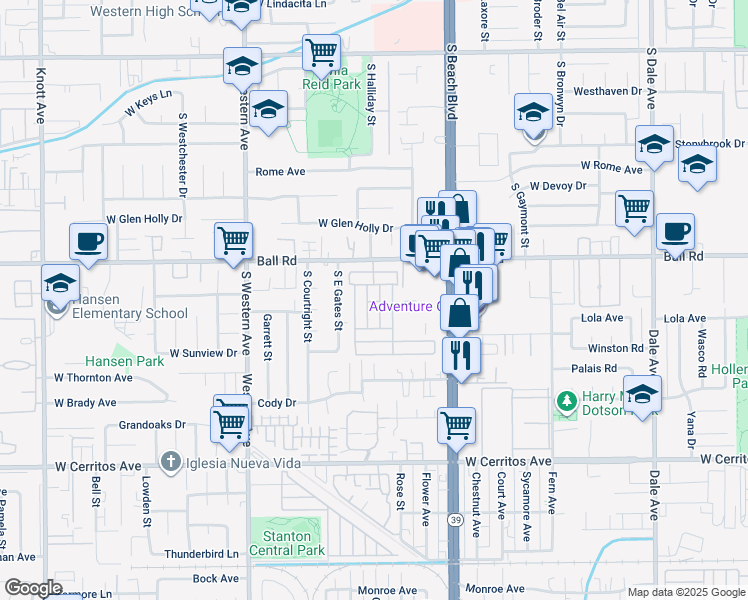 map of restaurants, bars, coffee shops, grocery stores, and more near 3050 West Ball Road in Anaheim