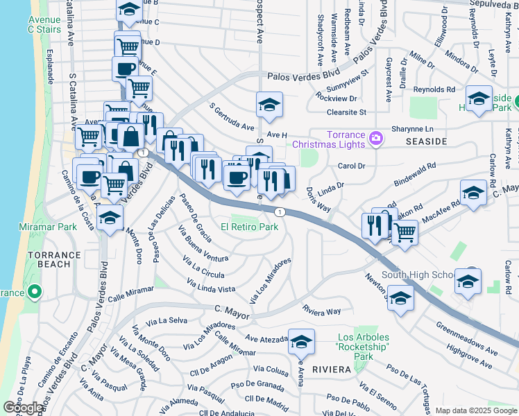 map of restaurants, bars, coffee shops, grocery stores, and more near 5306 South Prospect Avenue in Redondo Beach