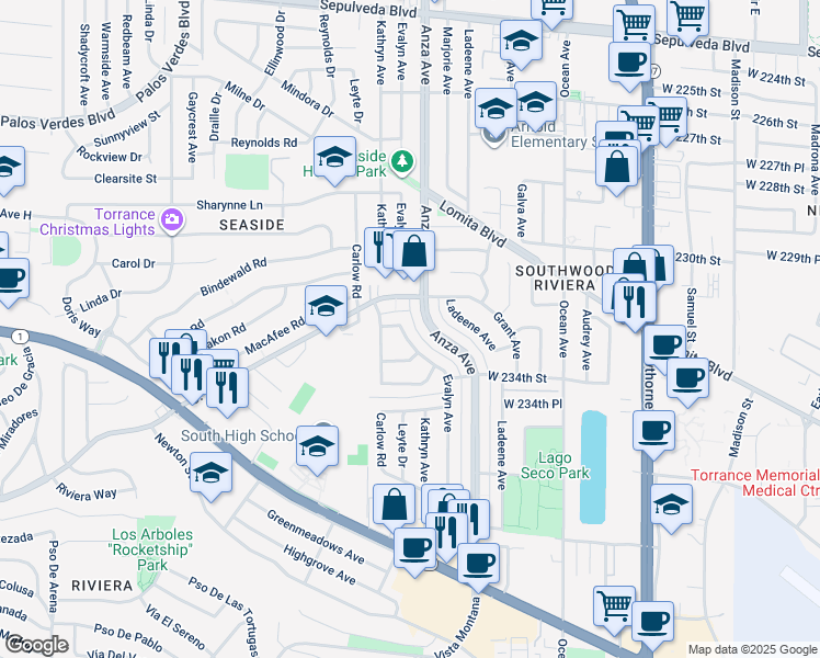 map of restaurants, bars, coffee shops, grocery stores, and more near 23202 Evalyn Avenue in Torrance