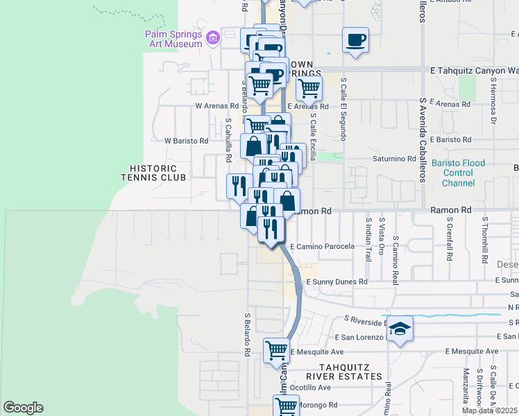 map of restaurants, bars, coffee shops, grocery stores, and more near 100 West Ramon Road in Palm Springs