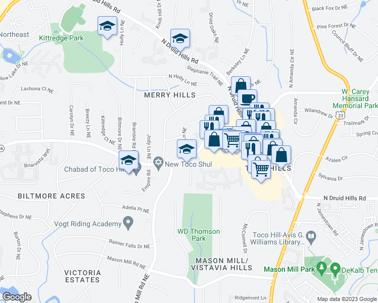 map of restaurants, bars, coffee shops, grocery stores, and more near 2072 Lavista Road Northeast in Atlanta