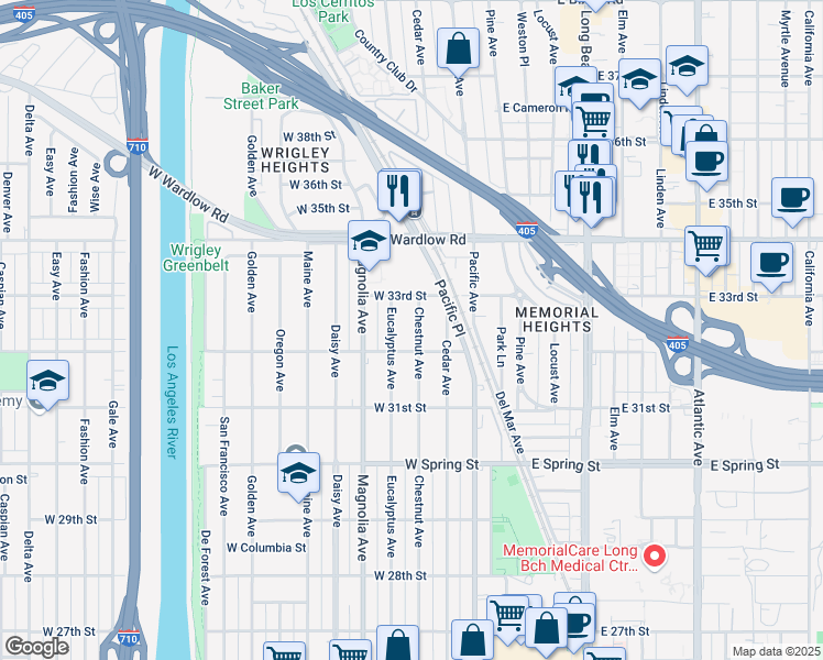 map of restaurants, bars, coffee shops, grocery stores, and more near 3230 Chestnut Avenue in Long Beach