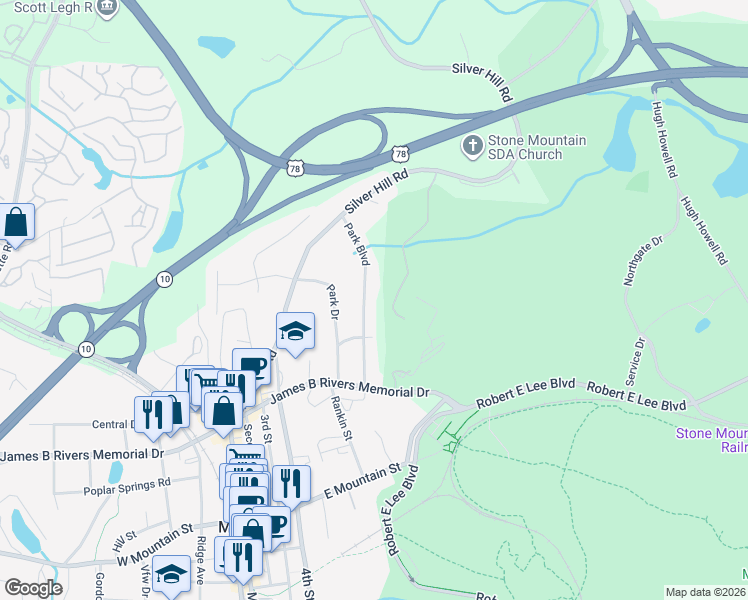 map of restaurants, bars, coffee shops, grocery stores, and more near 1241 Park Boulevard in Stone Mountain