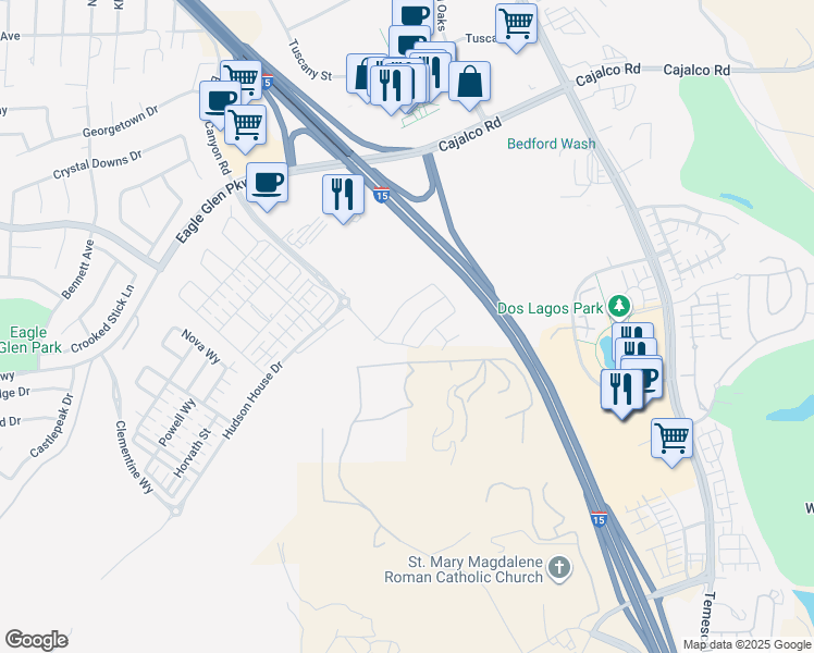 map of restaurants, bars, coffee shops, grocery stores, and more near 3809 Crossen Drive in Corona