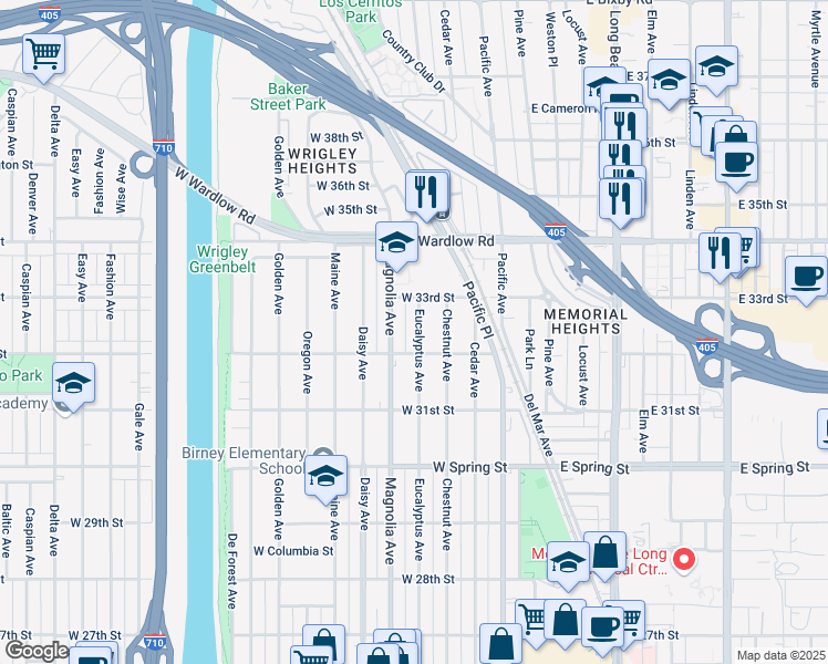 map of restaurants, bars, coffee shops, grocery stores, and more near 3225 Eucalyptus Avenue in Long Beach