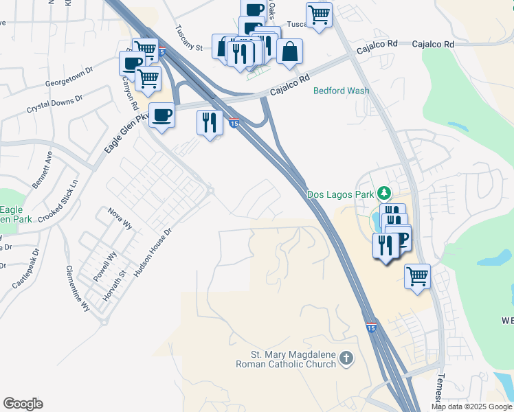 map of restaurants, bars, coffee shops, grocery stores, and more near 3809 Crossen Drive in Corona