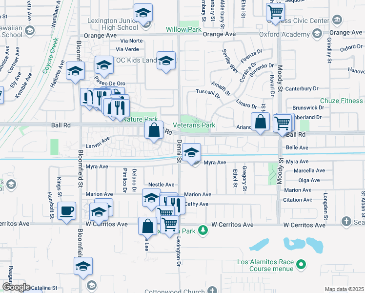 map of restaurants, bars, coffee shops, grocery stores, and more near 4484 Larwin Avenue in Cypress