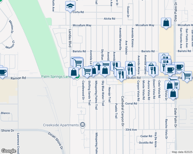 map of restaurants, bars, coffee shops, grocery stores, and more near East Ramon Road & Whispering Palms Trail in Cathedral City