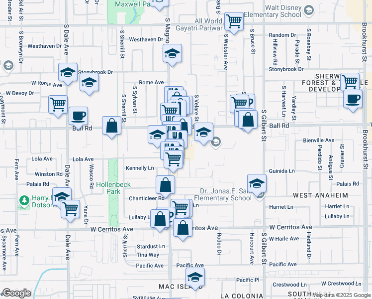 map of restaurants, bars, coffee shops, grocery stores, and more near 1282 South Magnolia Avenue in Anaheim