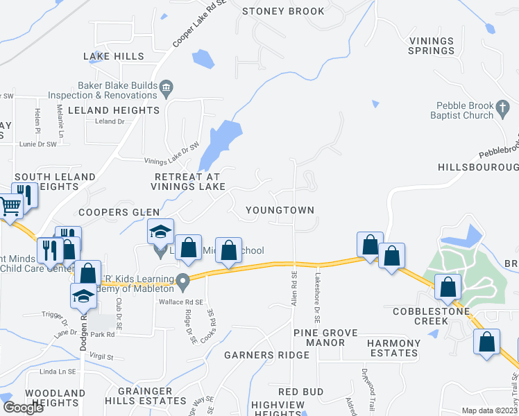 map of restaurants, bars, coffee shops, grocery stores, and more near 278 Vinings Retreat View Southwest in Mableton