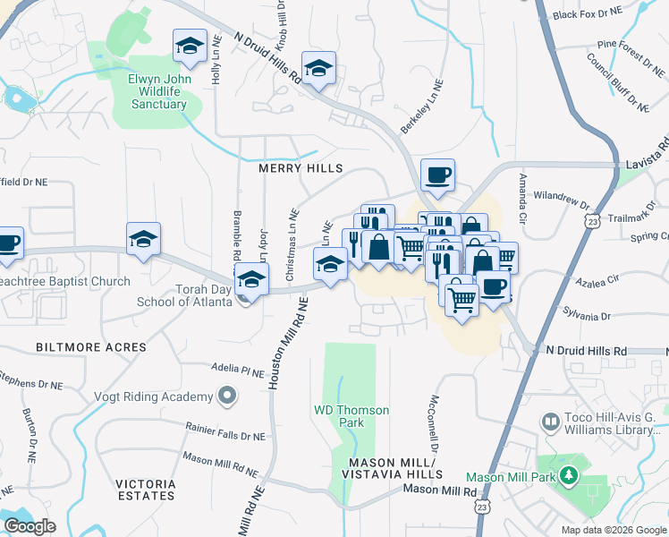 map of restaurants, bars, coffee shops, grocery stores, and more near 2072 Lavista Road in Atlanta