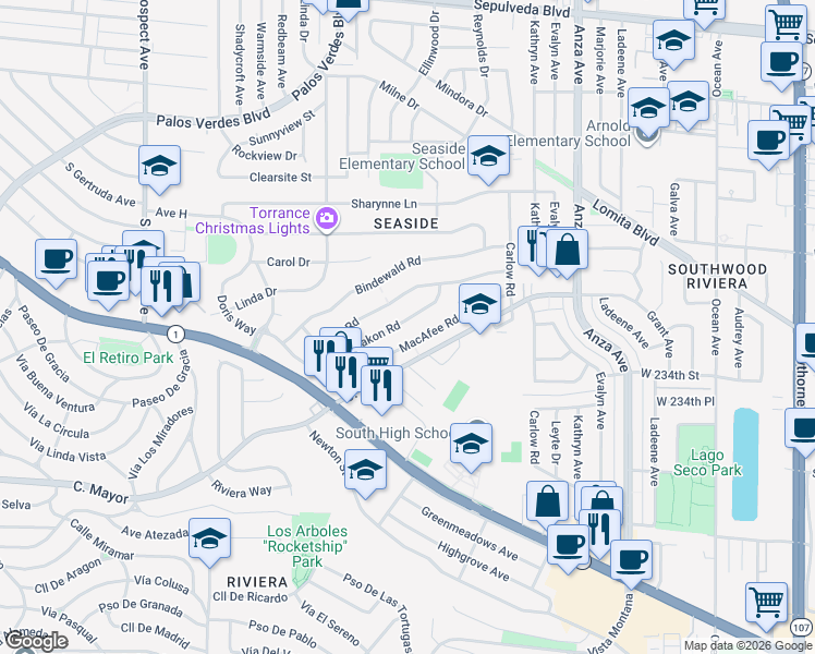 map of restaurants, bars, coffee shops, grocery stores, and more near 5012 Zakon Road in Torrance