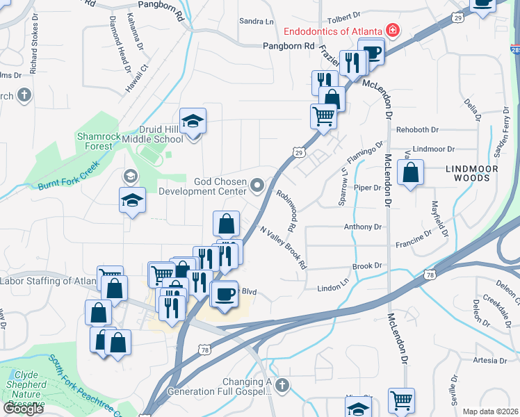 map of restaurants, bars, coffee shops, grocery stores, and more near 2340 Lawrenceville Highway in Decatur