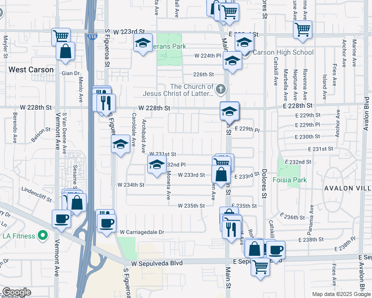 map of restaurants, bars, coffee shops, grocery stores, and more near 23040 Kinard Avenue in Carson