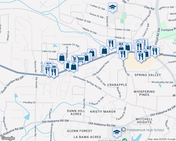 map of restaurants, bars, coffee shops, grocery stores, and more near 1140 Old Bankhead Highway in Mableton