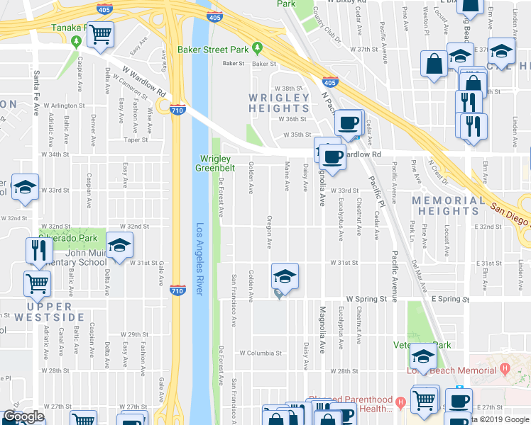 map of restaurants, bars, coffee shops, grocery stores, and more near 3225 Oregon Avenue in Long Beach