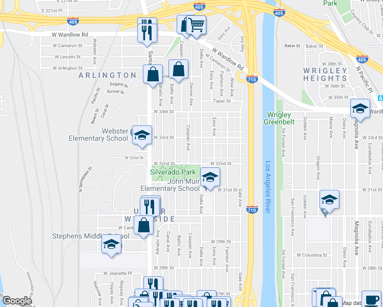 map of restaurants, bars, coffee shops, grocery stores, and more near 3232 Caspian Avenue in Long Beach