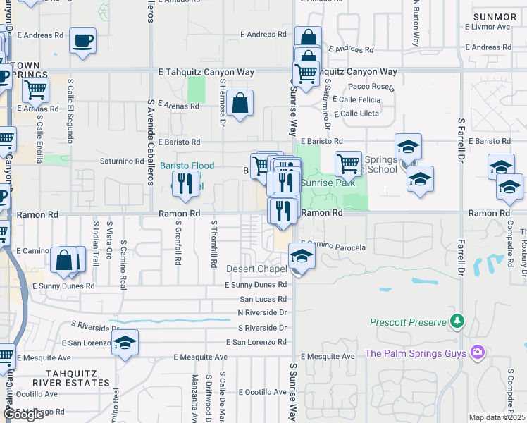 map of restaurants, bars, coffee shops, grocery stores, and more near 51 Alesandro Road in Palm Springs