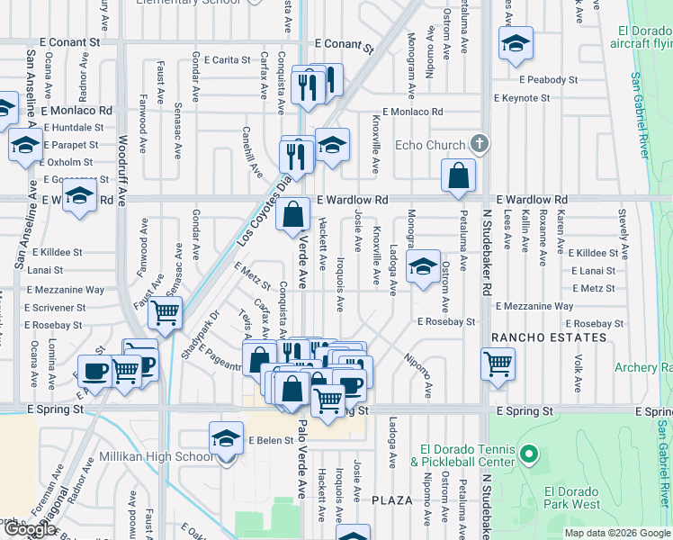 map of restaurants, bars, coffee shops, grocery stores, and more near 3227 Hackett Avenue in Long Beach