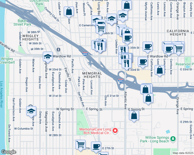 map of restaurants, bars, coffee shops, grocery stores, and more near 3225 Long Beach Boulevard in Long Beach
