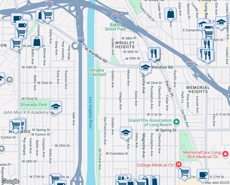 map of restaurants, bars, coffee shops, grocery stores, and more near 3225 Oregon Avenue in Long Beach