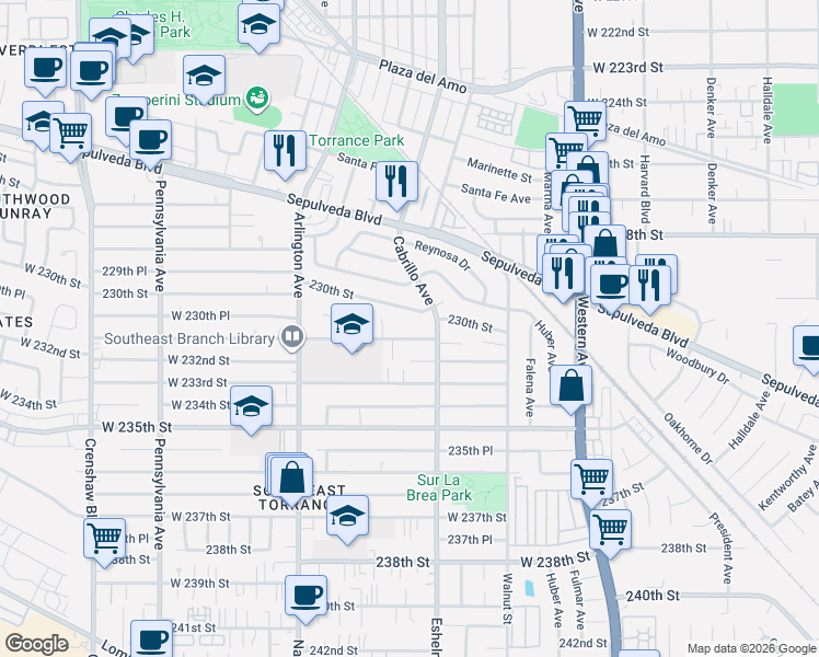 map of restaurants, bars, coffee shops, grocery stores, and more near 2025 231st Street in Torrance