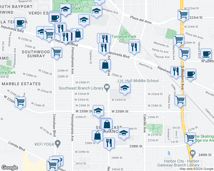 map of restaurants, bars, coffee shops, grocery stores, and more near 23027 Arlington Avenue in Torrance