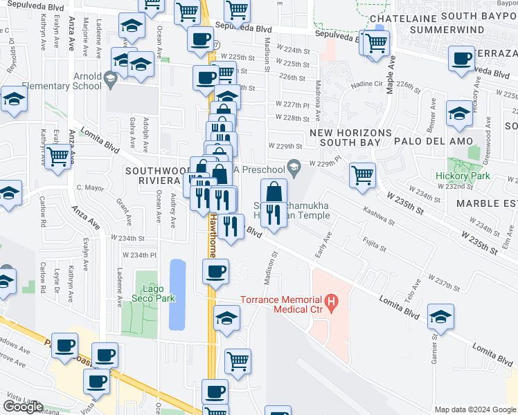 map of restaurants, bars, coffee shops, grocery stores, and more near 23135 Madison Street in Torrance