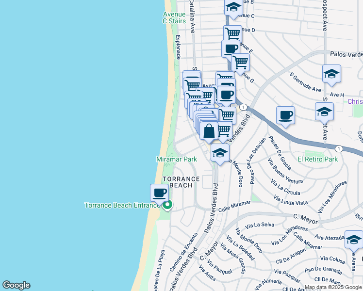 map of restaurants, bars, coffee shops, grocery stores, and more near 109 Paseo De La Playa in Redondo Beach