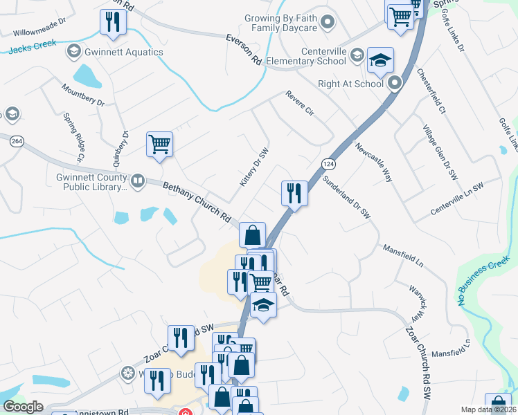 map of restaurants, bars, coffee shops, grocery stores, and more near 3017 Excelsior Court Southwest in Snellville