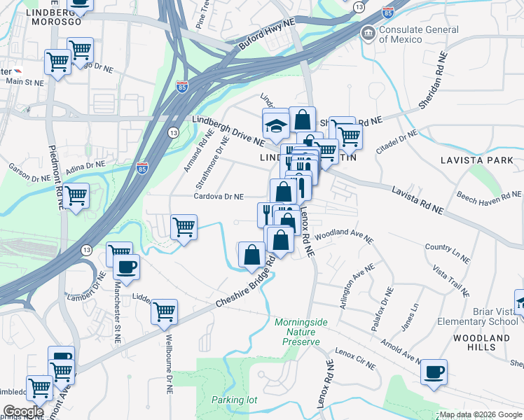 map of restaurants, bars, coffee shops, grocery stores, and more near 2221 Melante Drive Northeast in Atlanta