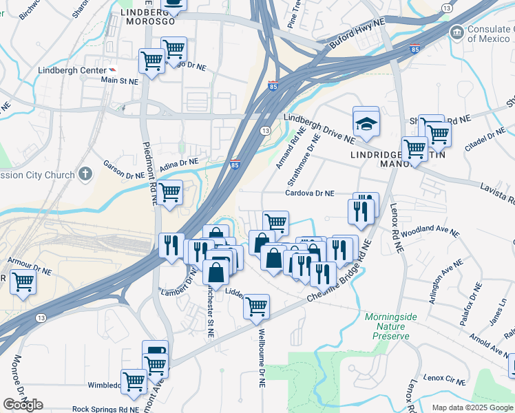 map of restaurants, bars, coffee shops, grocery stores, and more near 102 Cedar Chase Drive Northeast in Atlanta