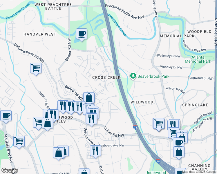 map of restaurants, bars, coffee shops, grocery stores, and more near 221 Triumph Drive Northwest in Atlanta