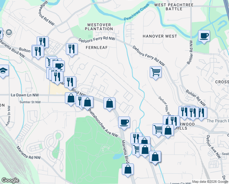 map of restaurants, bars, coffee shops, grocery stores, and more near 2121 Bolton Drive Northwest in Atlanta