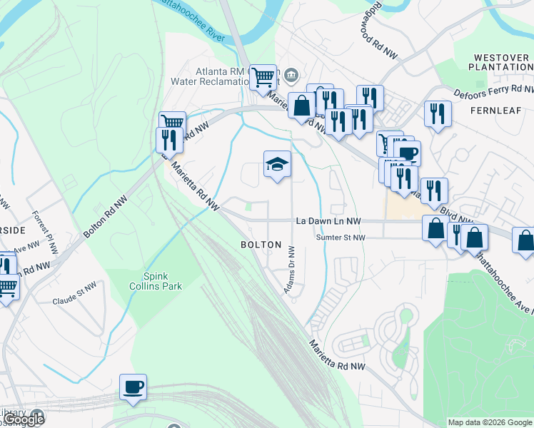 map of restaurants, bars, coffee shops, grocery stores, and more near 2115 La Dawn Lane Northwest in Atlanta